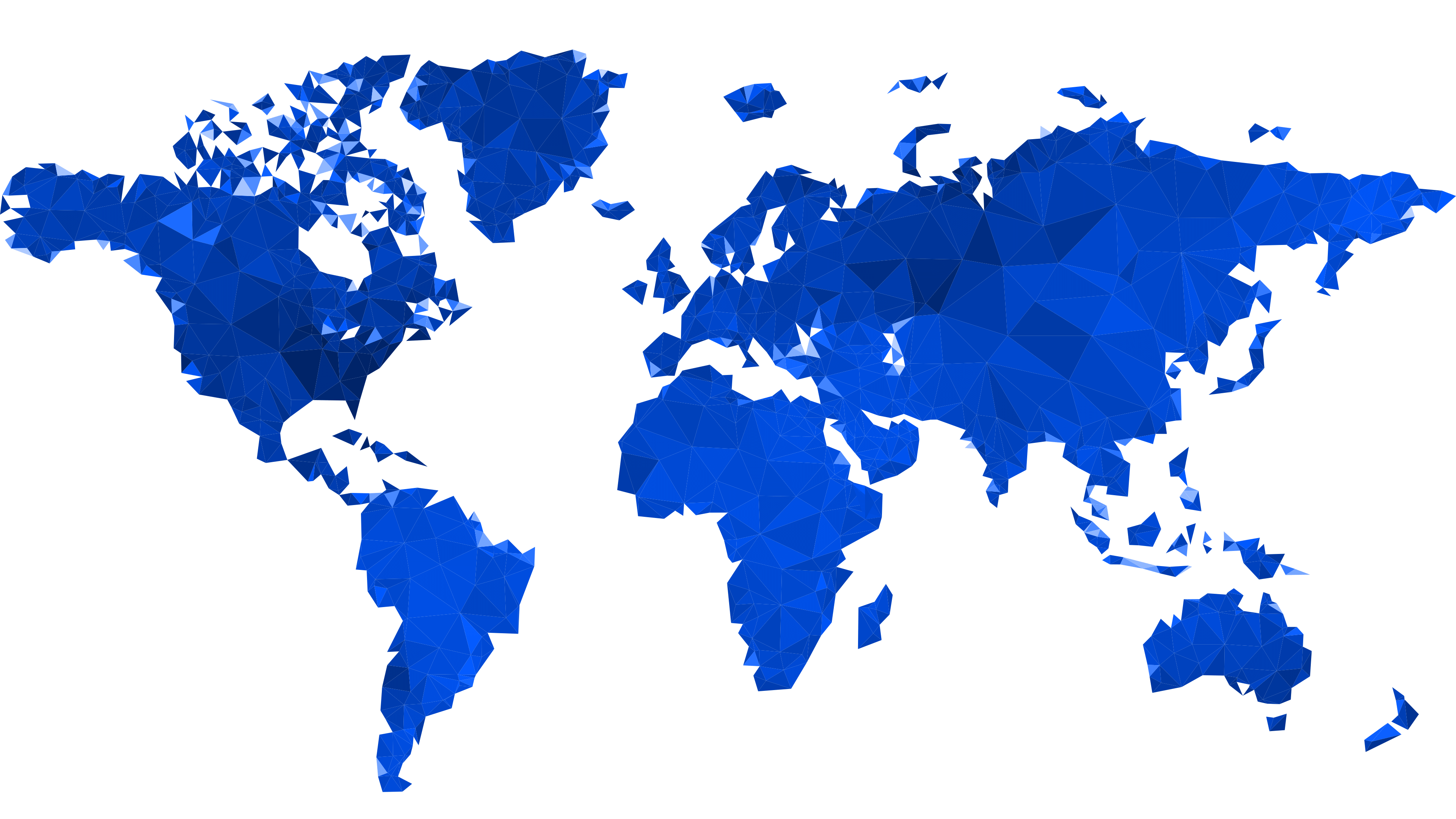 A blue geometric continental map illustrating the global presence of Cameyo