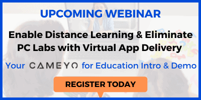 Graphic of a student interacting with their teacher online with a button to register for a Cameyo webinar on distance learning