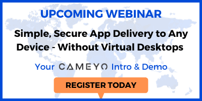 Geometric continental graphic with a button to register for a Cameyo webinar on Virtual App Delivery