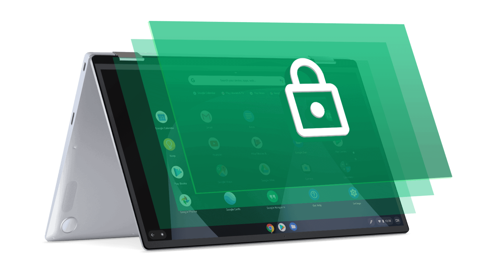 Image of a Chromebook with a green lock to indicate security