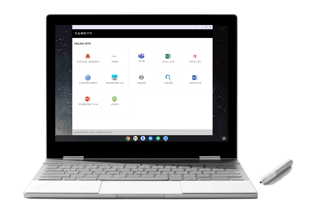 A Chromebook with the Cameyo app portal running as a PWA on its screen