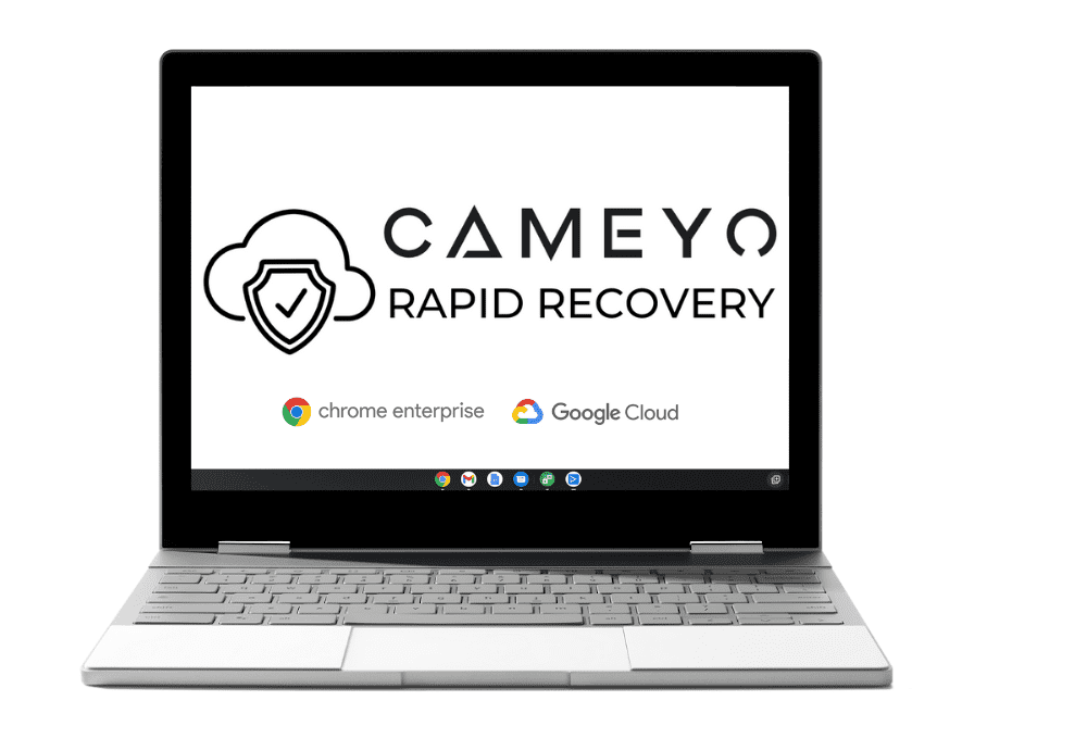 A Chromebook device with the Cameyo Rapid Recovery logo on its screen