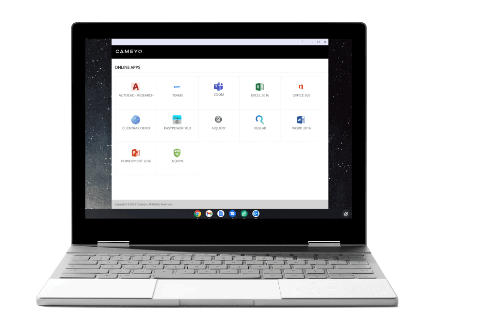 A Chromebook with Cameyo's Virtual App Delivery portal running on it