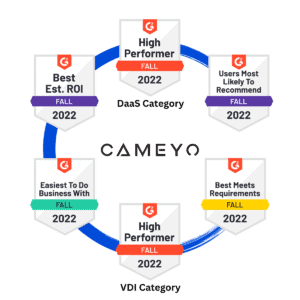Six G2 badges with the awards Cameyo won based on customer reviews