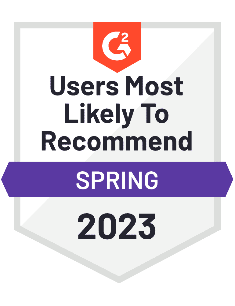 G2 bade for Users Most Likely to Recommend Spring 2023