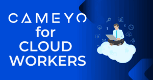 Blue background with an image of a hybrid worker sitting on a cloud for the announcement of Cameyo for Cloud Workers