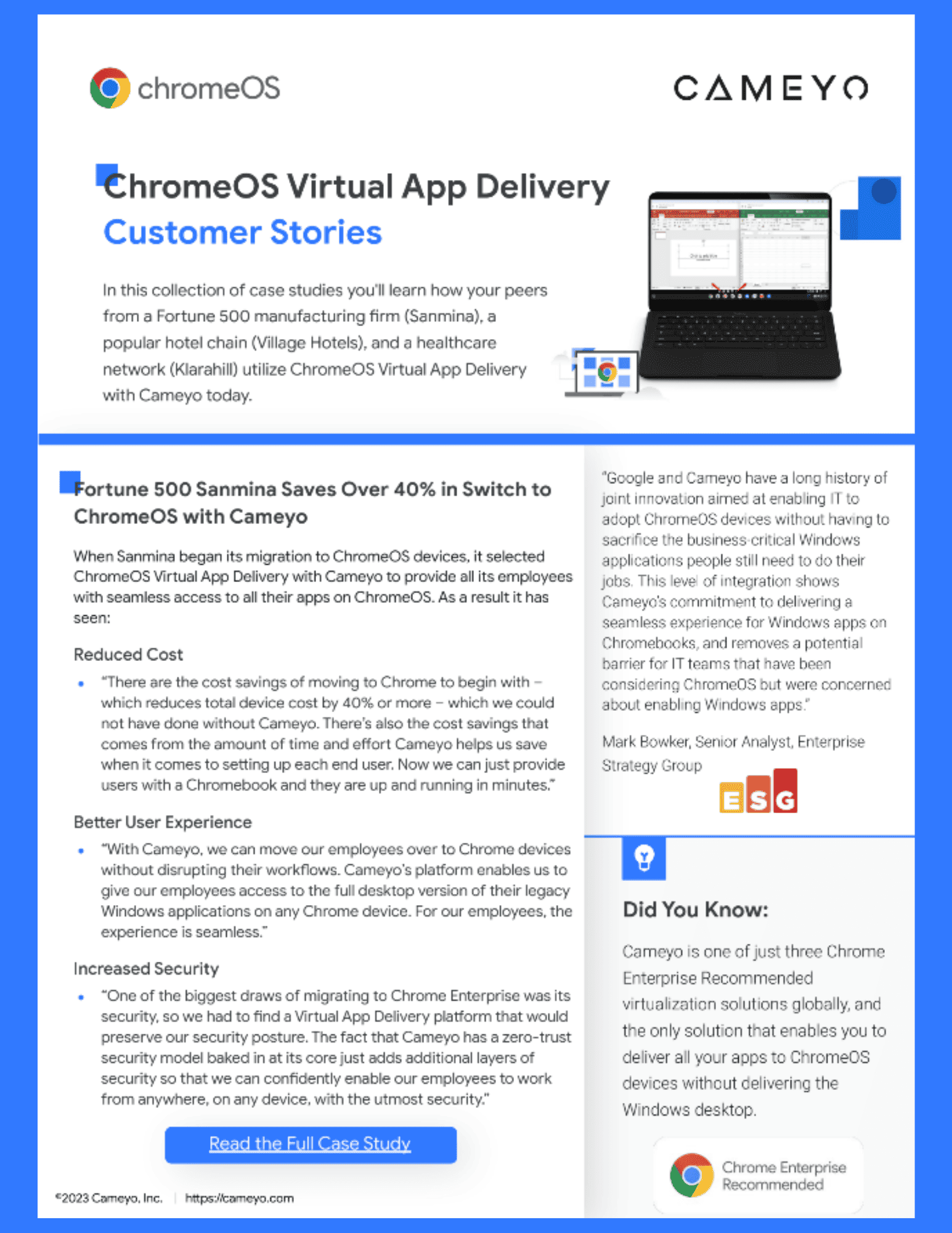 The cover of a PDF one pager about the ChromeOS Virtual App Delivery service, which features an image of a Google Pixelbook with Cameyo running on it