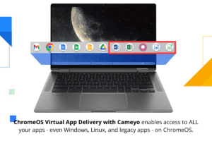 Image of a Chromebook with Windows apps in the task bar thanks to Cameyo