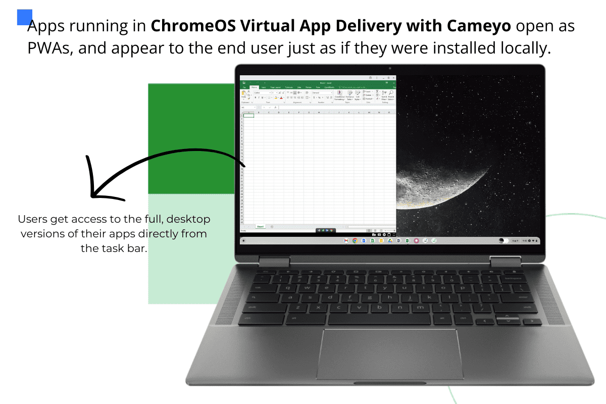 An image of a Chromebook with the Excel application running as a PWA in Cameyo